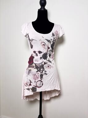 Vtg Y2K Blush Pink Asymmetric Hem Dress Tunic Skull Print Diamanté Studs Size XS